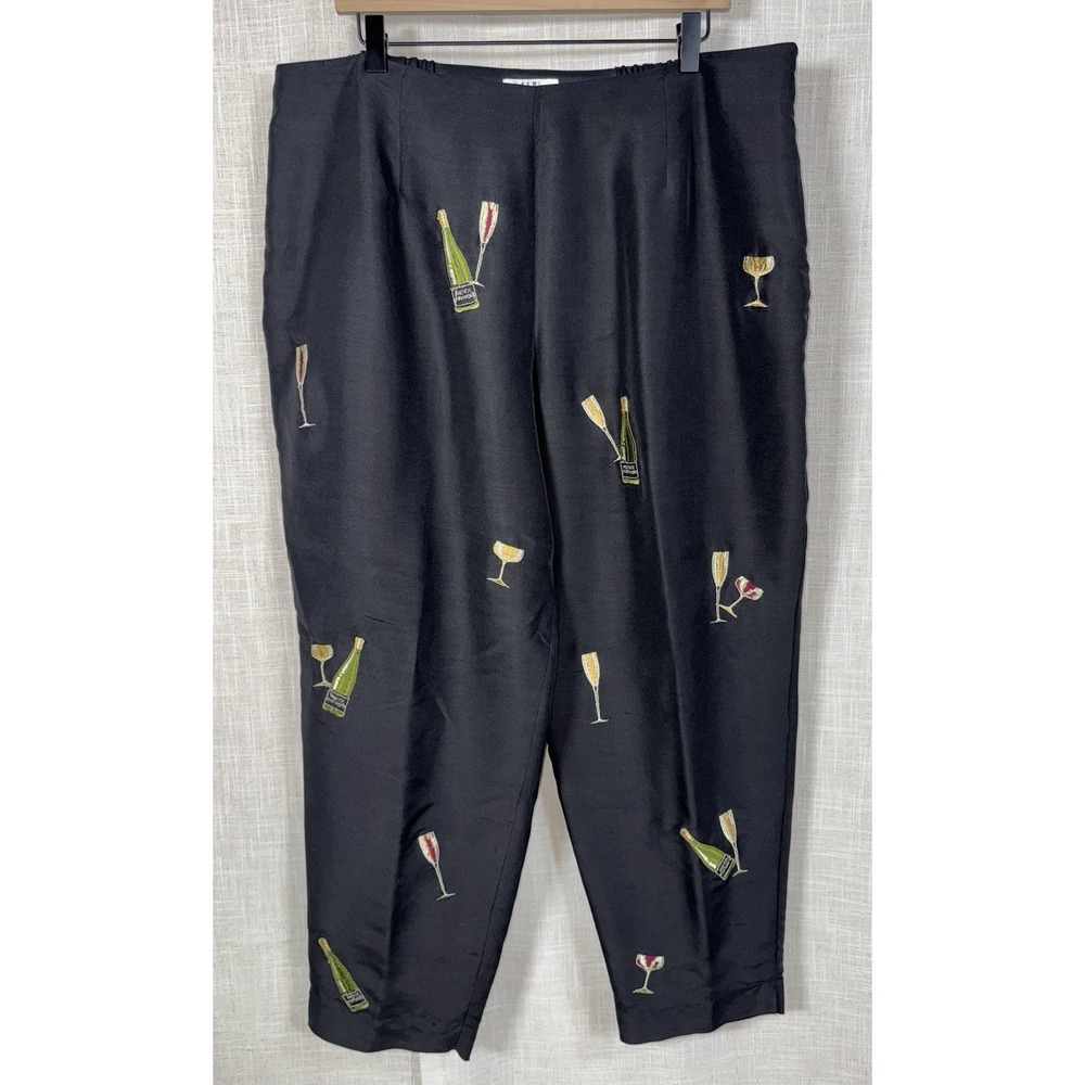 SLB Black Pants 100% Silk Women's Embroidered Champagne Wine Glass Size 20 Party